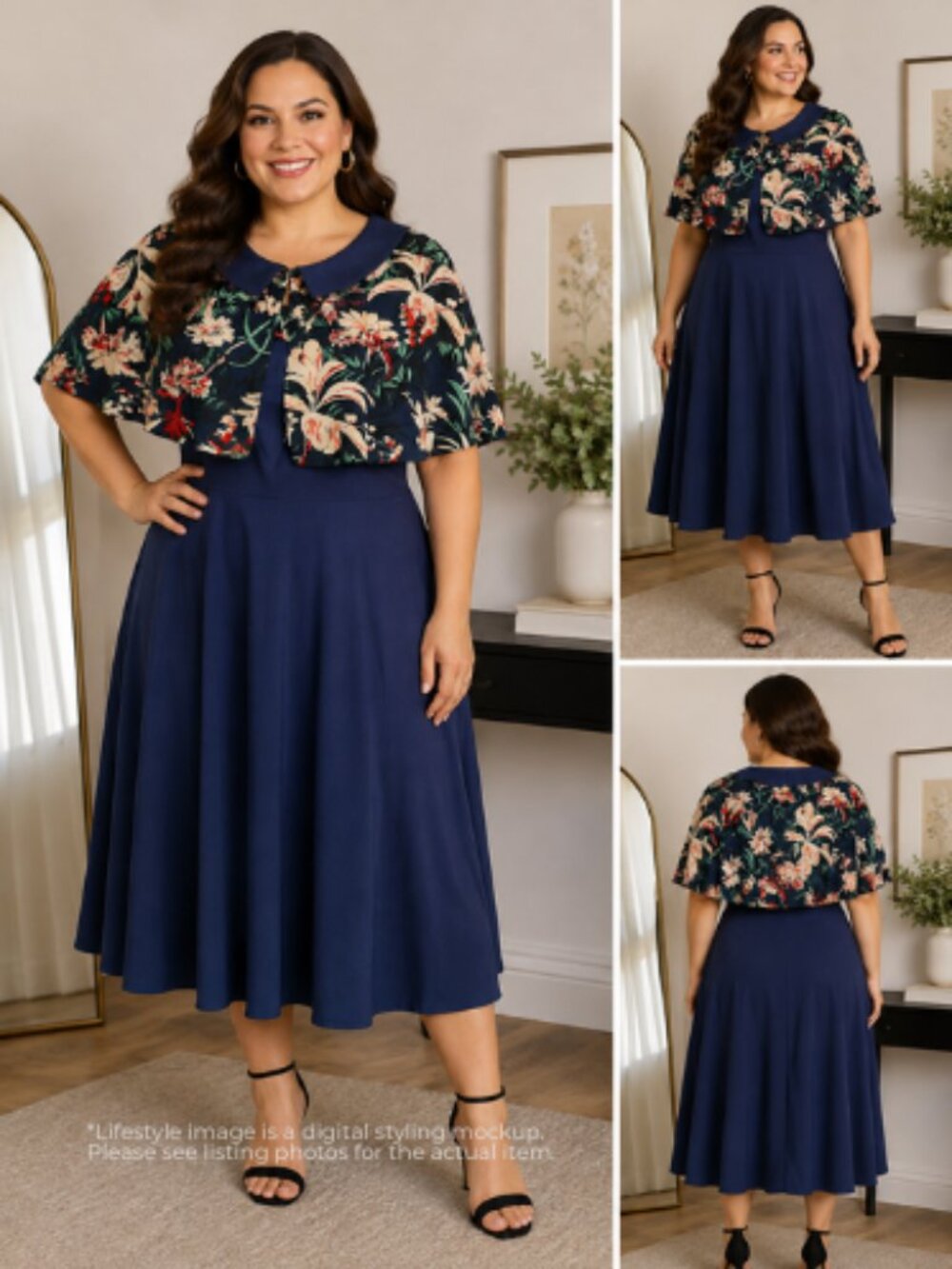 GownTown XXL Navy Floral Cape Dress Midi Fit & Flare Overlay Dress NWT